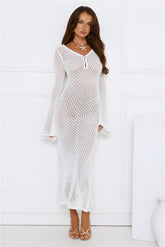 Sailing Into Sunset Knit Long Sleeve Maxi Dress White