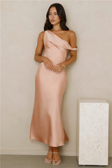 Stylish Season Off Shoulder Satin Midi Dress Peach