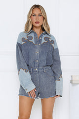 Western Flame Embroidered Denim Romper Blue