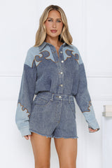 Western Flame Embroidered Denim Romper Blue