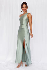 The Aurora One Shoulder Satin Maxi Dress Sage