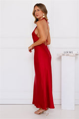Enchanted Daybreak Halter Satin Maxi Dress Red