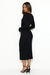Cold Yet Stylish Long Sleeve Ribbed Midi Dress Black