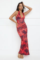 Watermelon Splash Halter Mesh Maxi Dress Red